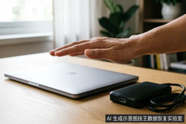 一只悬停在闭合笔记本电脑上方的手,旁边放置着黑色移动硬盘盒及连接线。画面通过停止接触的动作示意在遇到硬件故障时立即断电、避免进一步操作以保护数据安全的紧急处理原则。