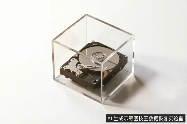 画面展示了一个裸露的机械硬盘被放置在一个透明的亚克力立方体展示盒中,背景为纯白色。该装置将精密的存储介质像展品一样封存隔离,直观地呈现了物理介质的脆弱性与受保护状态。