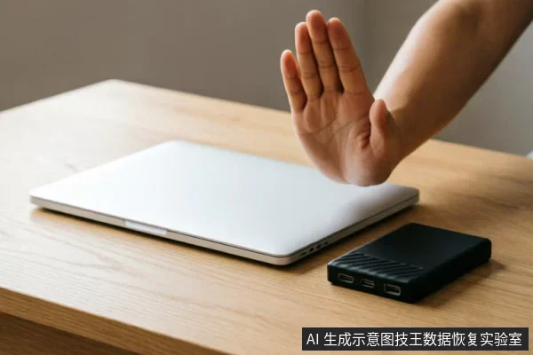 一只手掌在闭合的笔记本电脑和黑色移动硬盘前做出明确的停止手势,示意拒绝接触或操作。画面直观传达了在存储设备故障时,应立即停止通电尝试、避免进一步写入或操作的止损原则。