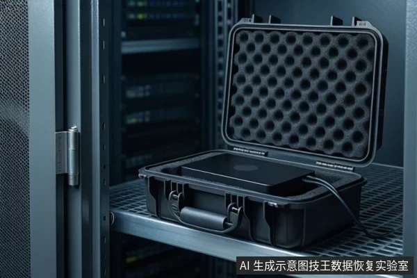 服务器机柜的金属网格层板上,放置着一个打开的黑色防震箱。箱内固定着一块黑色的扁平存储设备(外观类似SSD或移动硬盘),右侧连接着一根黑色线缆。背景为模糊的服务器设备。