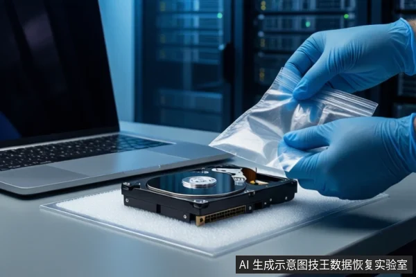 白色防静电垫上平放一块打开外壳的机械硬盘,左侧有一台银色笔记本电脑。右侧一双戴蓝色手套的手正持握一个透明防静电袋,背景为模糊的服务器机柜。