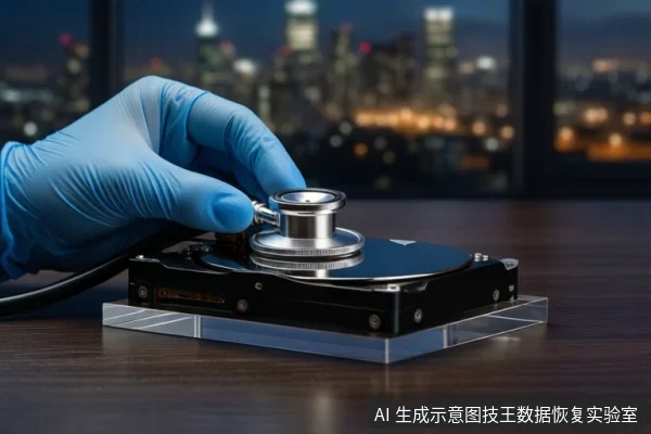 戴蓝色手套的手持听诊器放在透明底座上的机械硬盘上,背景为模糊城市夜景。