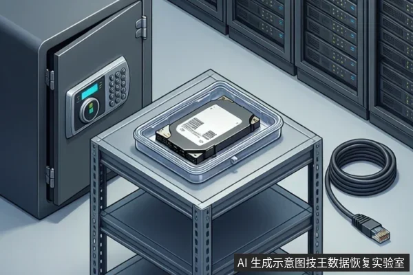 画面展示一个数据恢复或存储环境：左侧为带密码键盘的保险柜，中间金属架上放置一块裸露硬盘（外观类似机械硬盘），右侧为服务器机柜和一根SATA数据线。
