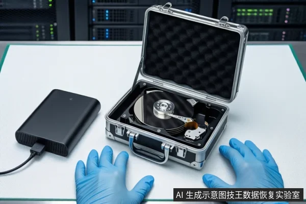 洁净室白色桌面上,戴蓝色手套的双手平放在桌面上,中间为打开的银色金属防震箱,箱内放置一块打开外壳的机械硬盘,左侧平放一个黑色移动硬盘盒,背景可见服务器机柜。