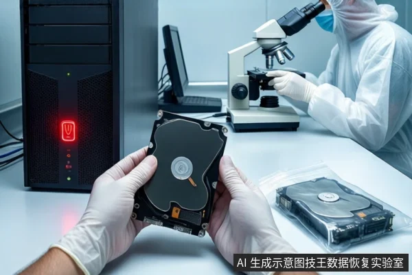 洁净室白色桌面上,前景一双戴白手套的手持握一块打开外壳的机械硬盘。左侧竖立一台亮红灯的黑色主机,右侧防静电袋内装有一块硬盘。背景中一名穿无尘服的技术人员正在操作显微镜。