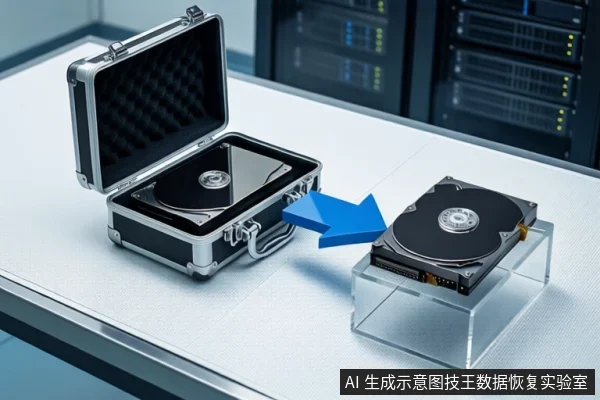 白色桌面上，左侧打开的银色防震箱内平放一块机械硬盘，中间蓝色箭头指向右侧透明底座上的另一块打开外壳的机械硬盘，背景为服务器机柜。