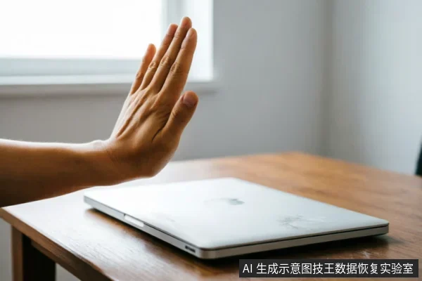 一只手掌在闭合的笔记本电脑前做出停止的手势,示意拒绝或中断操作。电脑放置在木质桌面上,背景为窗户,画面直观传达了在设备异常时立即停止通电、避免进一步写入数据的止损原则。
