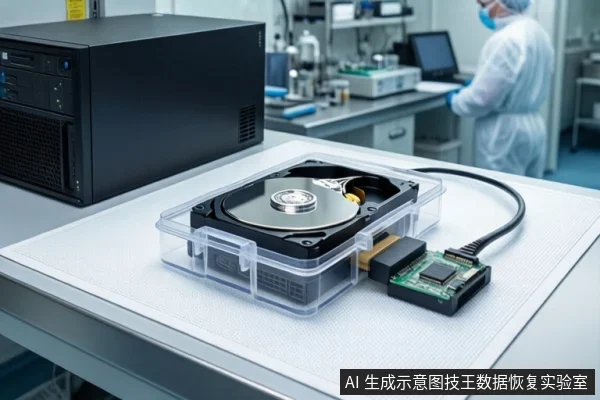 洁净室白色桌面上,前景透明盒内平放一块打开外壳的机械硬盘,右侧连接一块绿色只读接口卡。左侧竖立一台黑色塔式主机。背景中一名穿无尘服的技术人员站在实验台前。