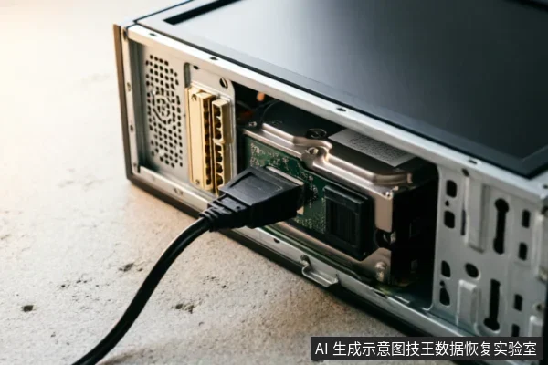 A close-up of a 3.5-inch hard drive being connected to a gold external adapter via a black SATA data cable.