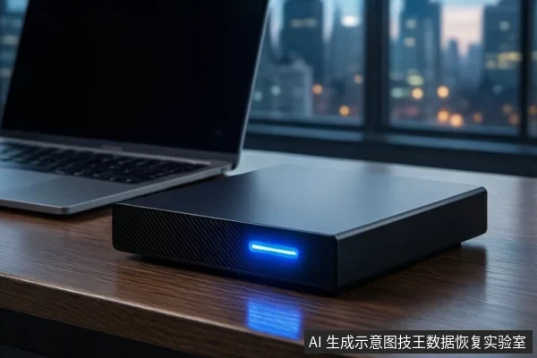深色木桌上平放一个黑色外接硬盘盒,正面亮着蓝色指示灯。左侧有一台银色笔记本电脑,屏幕关闭。背景是模糊的城市夜景窗户。