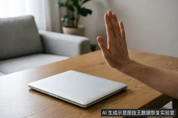 画面展示了一只手在木质桌面上做出明显的“停止”或“拒绝”手势,手掌张开面向前方。前景是一台闭合的银色笔记本电脑,背景为模糊的家居环境。该图像直观地传达了“立即停止操作”、“禁止写入”或“不要尝试”的含义,与段落中强调的“立即停止对该硬盘的任何写入操作”及“不要自行拆解”的建议高度契合。