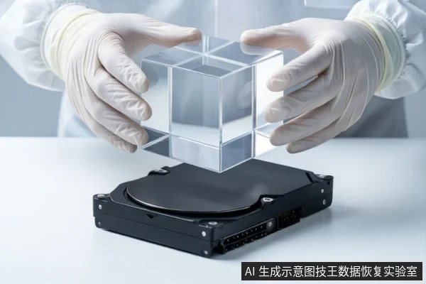 白色桌面上平放一块打开外壳的机械硬盘，露出盘片与接口。一双戴白色手套的手正握持一个透明立方体，悬停在硬盘上方。背景为模糊的浅色环境。