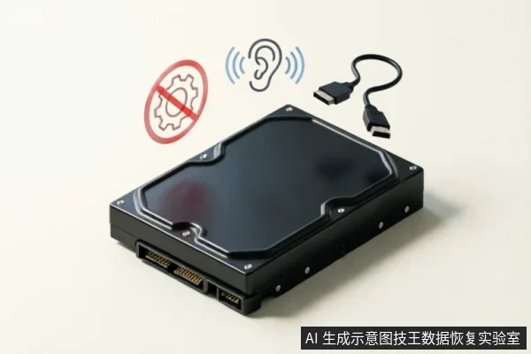 图中展示了一块黑色机械硬盘,上方悬浮着三个图标:带红圈的禁止齿轮符号、带有声波的耳朵图标以及一根SATA数据线。这些视觉元素直观地传达了停止软件修复、监听异常噪音及检查物理连接的含义。