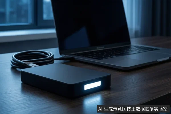 木质桌面上，前景平放一个黑色外接硬盘盒，正面亮着白色指示灯。左侧盘绕一根黑色USB数据线，线缆连接至后方一台打开的笔记本电脑。背景为模糊的窗户。