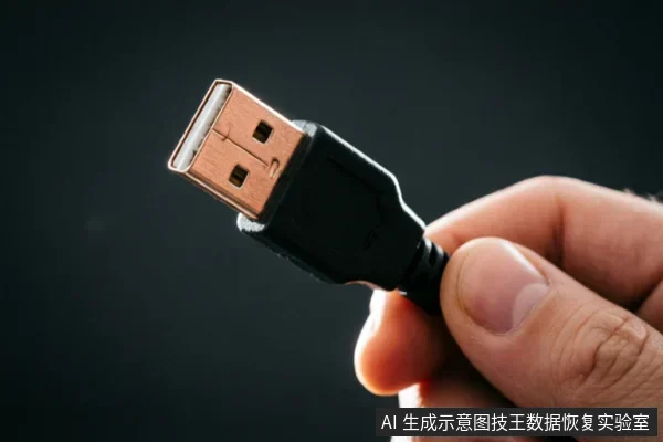 一只手捏住一根黑色USB数据线的接口端,特写展示了金属接头与塑料外壳的连接处。背景深暗模糊,突出了外部连接线缆的细节,用于示意检查硬件连接状态。