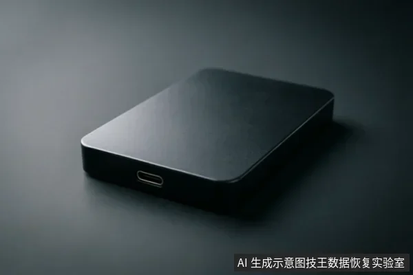 一个黑色的长方形移动硬盘静置于深色背景上,侧面清晰可见一个USB-C接口。画面无任何文字、屏幕显示或连接线缆,仅展示设备外观与接口细节。