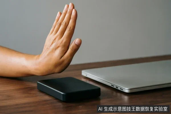 一只手掌伸出做出停止的手势，挡在木质桌面上的黑色移动硬盘前方，旁边放置着一台闭合的银色笔记本电脑。画面直观表达了在存储设备故障时立即停止通电、拒绝扫描或修复操作的警示含义。