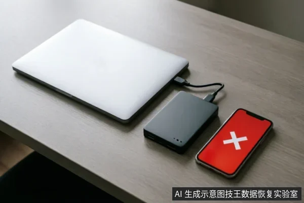 桌面上放置着一台闭合的银色笔记本电脑，通过数据线连接着一个黑色移动硬盘盒。旁边平放一部智能手机，屏幕显示醒目的红色背景与白色叉号，示意设备连接失败或硬件故障状态。
