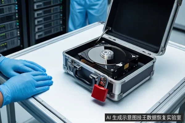洁净室白色桌面上,戴蓝色手套的双手平放,右侧银色防震箱内平放一块裸露机械硬盘,箱体挂有红色挂锁,背景可见服务器机柜。