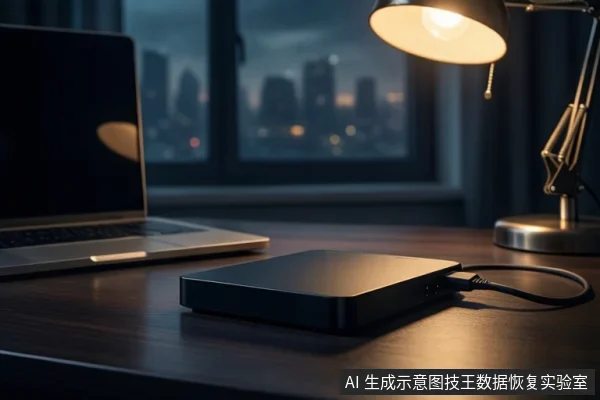 深色木桌上,左侧是一台银色笔记本电脑,中间平放一个黑色外接硬盘盒,通过黑色USB线缆连接至电脑。左侧有一盏亮着的金属台灯,背景是模糊的城市夜景窗户。