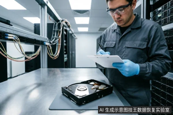 一名身穿深色工装、佩戴护目镜和蓝色手套的专业工程师,站在服务器机房的不锈钢操作台前。他手持写字板和笔正在记录数据,台面上放置着一块已打开外壳的机械硬盘,背景可见整齐排列的服务器机柜和线缆。