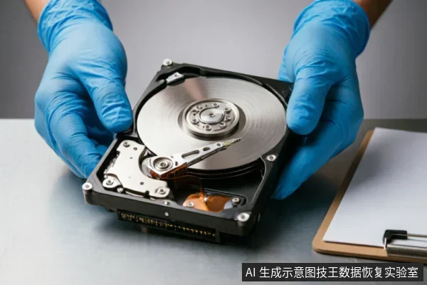 戴着蓝色防静电手套的双手托举着一块已打开盖板的机械硬盘,清晰展示内部磁盘盘片与读写磁头组件。背景为金属工作台及写字板,直观呈现专业数据恢复环境下的介质检查与物理保护场景。