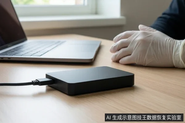 木质桌面上,左侧是一台打开的银色笔记本电脑,中间平放一个黑色移动硬盘,硬盘连接着黑色USB线缆。右侧一双戴白色手套的手平放在桌面上。背景可见模糊的窗户。