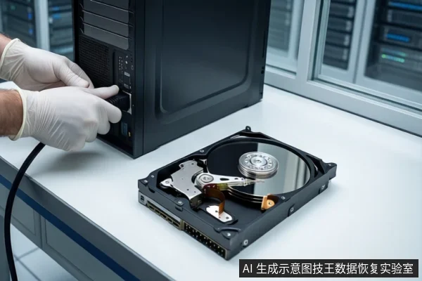 白色桌面上，左侧是一台黑色台式主机，一双戴白色手套的手正握持黑色线缆插头，准备插入主机后部接口。右侧平放一块打开外壳的机械硬盘，露出盘片与磁头组件。背景为模糊的服务器机柜。