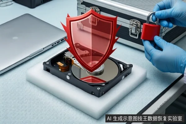 白色防静电工作台上,左侧是一台银色笔记本电脑,中间白色泡沫垫上平放一块打开外壳的机械硬盘,硬盘上方悬浮一个红色透明盾牌。右侧一双戴蓝色手套的手正持握一个红色挂锁。背景为挂有红色挂锁的银色金属防震箱。