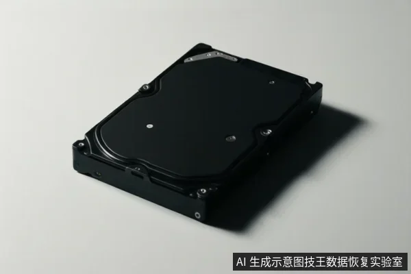 白色背景上斜放一块黑色机械硬盘,展示其金属顶盖、螺丝和侧面接口区域,无操作动作。