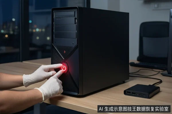 木质桌面上竖立一台黑色塔式主机,前景一双戴白手套的手正按压主机正面亮红灯的电源按钮,右侧平放一个黑色外接硬盘盒,背景为模糊的城市夜景。