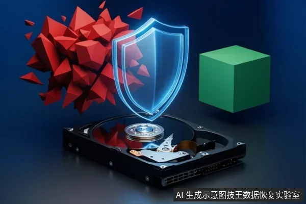 画面中一个打开的机械硬盘位于中央，上方悬浮蓝色盾牌，左侧有红色碎裂块，右侧有绿色立方体，背景为深蓝色。