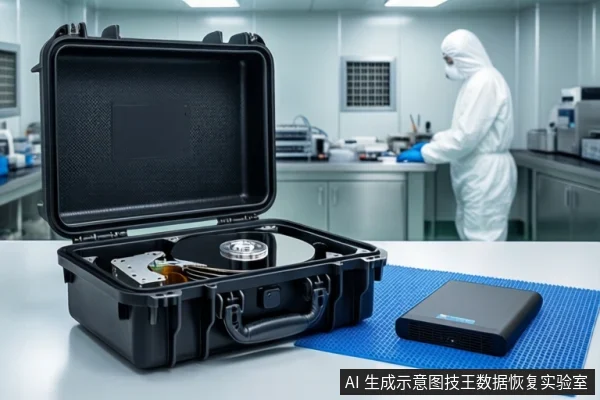 洁净室环境中,前景白色桌面上放置一个打开的黑色防震箱,箱内固定着一块打开外壳的机械硬盘,露出盘片与磁头组件。右侧蓝色防静电垫上平放一个黑色移动硬盘。背景中一名身穿白色无尘服的技术人员正在操作设备。
