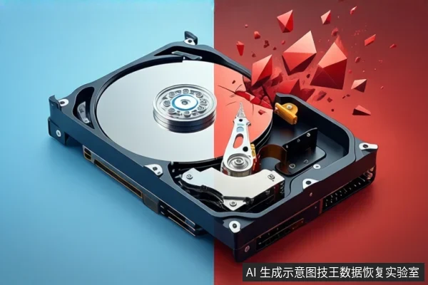 画面左右分屏,左侧浅蓝背景,右侧红色背景。中间平放一块打开外壳的机械硬盘,露出盘片与磁头组件。右侧红色区域有红色几何碎片飞溅,呈现硬盘损坏或数据丢失的抽象示意。