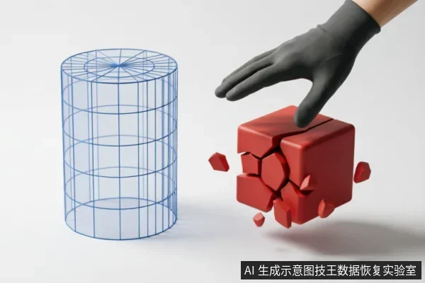 一只戴黑色手套的手正按压一个正在碎裂崩解的红色立方体,旁边立着一个蓝色的线框圆柱笼。画面通过具象化的破碎与隔离隐喻,展示物理硬件遭受严重损坏及外部干预导致结构崩塌的状态。