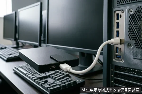 黑色移动硬盘通过白色USB数据线连接至台式机主机后置蓝色接口，设备放置于键盘上方，背景可见多台显示器排列，展示了网吧环境下的物理连接与硬件排查场景。