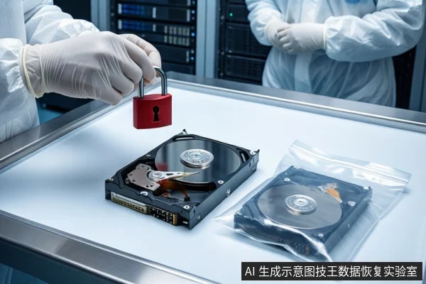 洁净室白色桌面上,左侧平放一块打开外壳的机械硬盘,右侧透明防静电袋内装有一块闭合硬盘。前景一双戴白手套的手持红色挂锁悬停在打开的硬盘上方。背景中一名穿无尘服的技术人员站在服务器机柜旁。