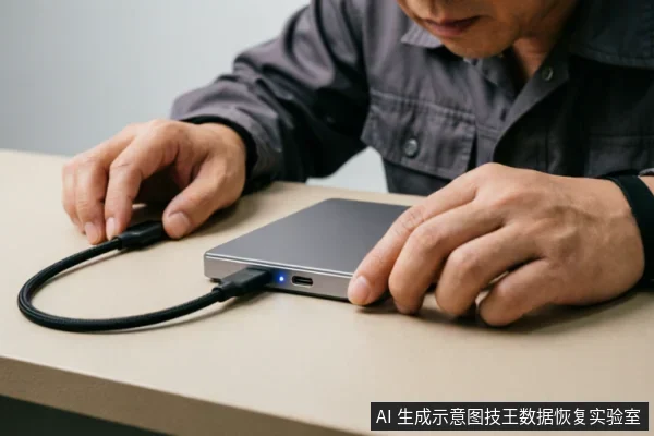 画面展示了一双男性的手正在将一根黑色数据线插入银灰色移动硬盘的接口中,设备侧面的蓝色指示灯亮起,表明已通电或连接成功。背景简洁,聚焦于外部存储设备的连接操作。