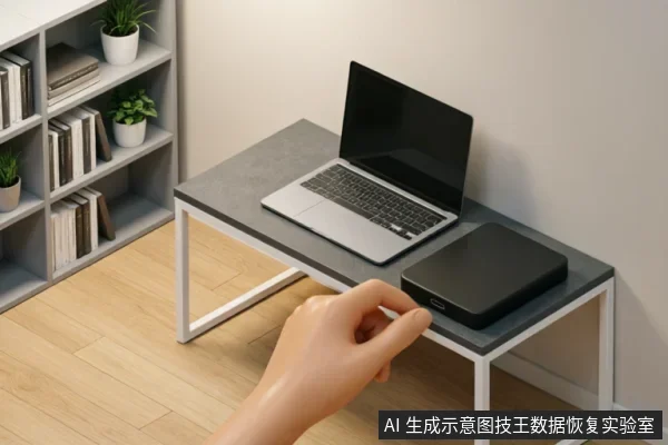 一只手掌伸向放置在桌面上的黑色移动硬盘，旁边有一台笔记本电脑。画面展示了用户准备接触或操作故障存储设备的场景，背景为书架和桌面环境。