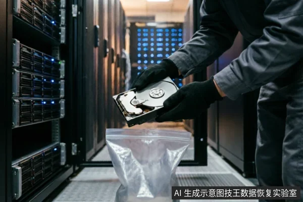 一名佩戴黑色防静电手套的技术人员双手持有一块已拆开外壳的机械硬盘,正准备将其放入透明防静电袋中。背景为服务器机房环境,可见排列整齐的机架与亮着蓝光的服务器设备。