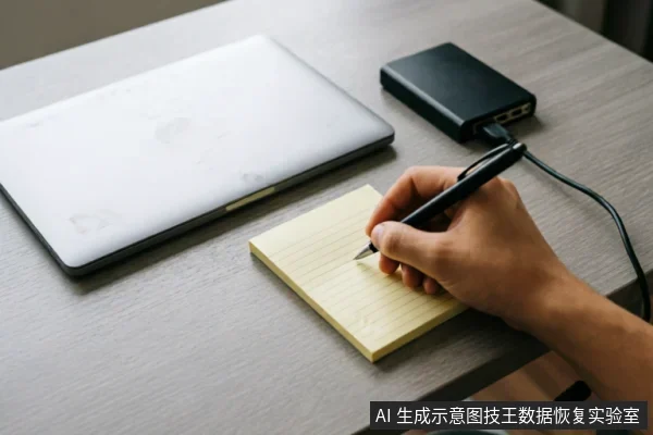 画面展示了一个办公桌面场景,左侧放置着一台闭合的银色笔记本电脑,右侧有一个连接着数据线的黑色移动硬盘。前景中一只手正握着笔在黄色便签纸上书写记录。整体呈现出数据恢复或技术评估前的记录与规划状态。