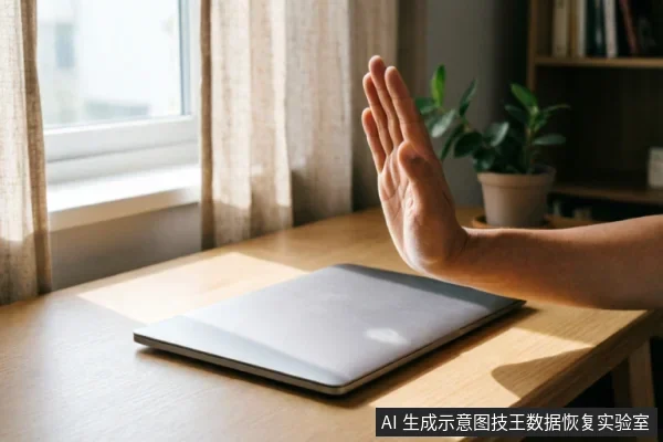 一只手掌在闭合的笔记本电脑前做出明确的停止手势,阳光洒在木质桌面上,背景有窗帘和绿植。画面通过肢体语言直观传达拒绝操作、停止使用电子设备的含义。