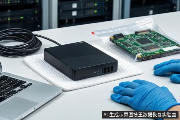 白色桌面上,中间防静电垫上放着一个黑色外接硬盘盒,左侧有一台银色笔记本电脑和盘绕的黑色线缆,右侧防静电袋内装有一块绿色电路板,一双戴蓝色手套的手平放在桌面上,背景为模糊的服务器机柜。