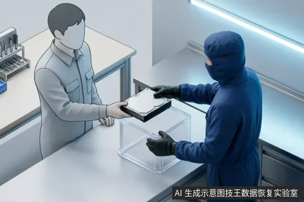 身穿蓝色无尘服的专业人员戴手套在洁净环境中,将一块机械硬盘放入透明防静电盒中,准备移交或进行专业处理。