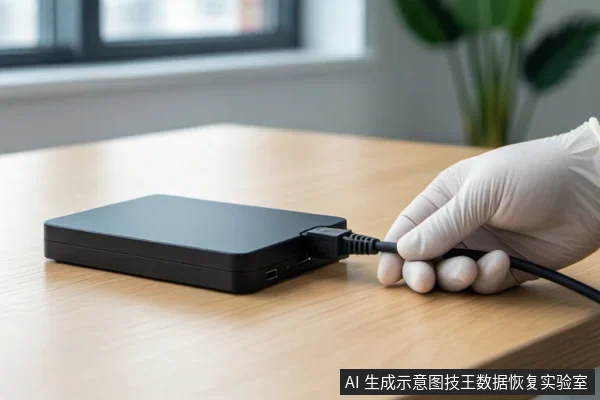 木质桌面上平放一个黑色移动硬盘，右侧一只戴白色手套的手正握持黑色USB线缆插头，将其插入硬盘侧面的接口。背景可见模糊的窗户和绿植。