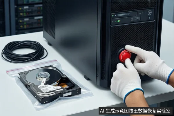 白色桌面上放置一台黑色台式主机,左侧有一卷黑色线缆和一个装有裸露机械硬盘的透明自封袋。右侧一双戴白色手套的手正在按压主机侧面的红色圆形紧急停止按钮。背景为模糊的服务器机柜。