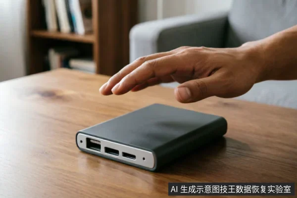 一只悬停在木质桌面上黑色移动硬盘上方的手，示意停止操作。硬盘侧面可见USB及Type-C接口，画面传达出在设备出现异常时立即断电、避免进一步干预的安全止损概念。