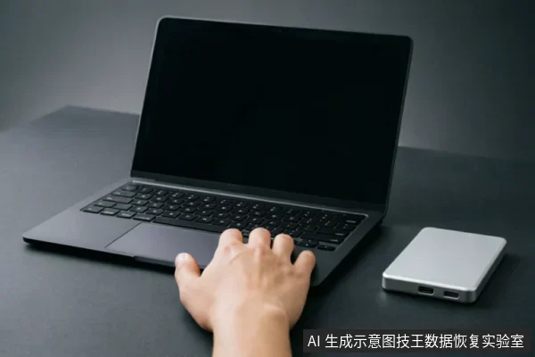一只人手正放在深灰色笔记本电脑的触控板区域,电脑右侧桌面上放置着一个银色便携式移动硬盘。背景为深色桌面,整体画面简洁,展示了电脑与外部存储设备的连接使用场景。
