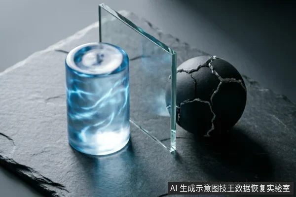 画面展示了一个发光的蓝色圆柱体被一块透明玻璃板阻挡,无法接触到右侧带有裂纹的黑色球体。该场景通过物理隔离的意象,隐喻了数据恢复中软件工具与物理故障硬件之间的界限,以及防止数据写入原介质的阻断概念。