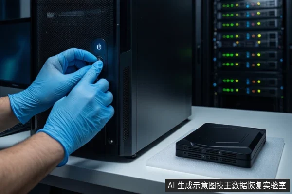 戴蓝色手套的双手正在按压黑色塔式主机正面的电源按钮,右侧白色垫子上平放一个黑色移动硬盘盒,背景可见服务器机柜。
